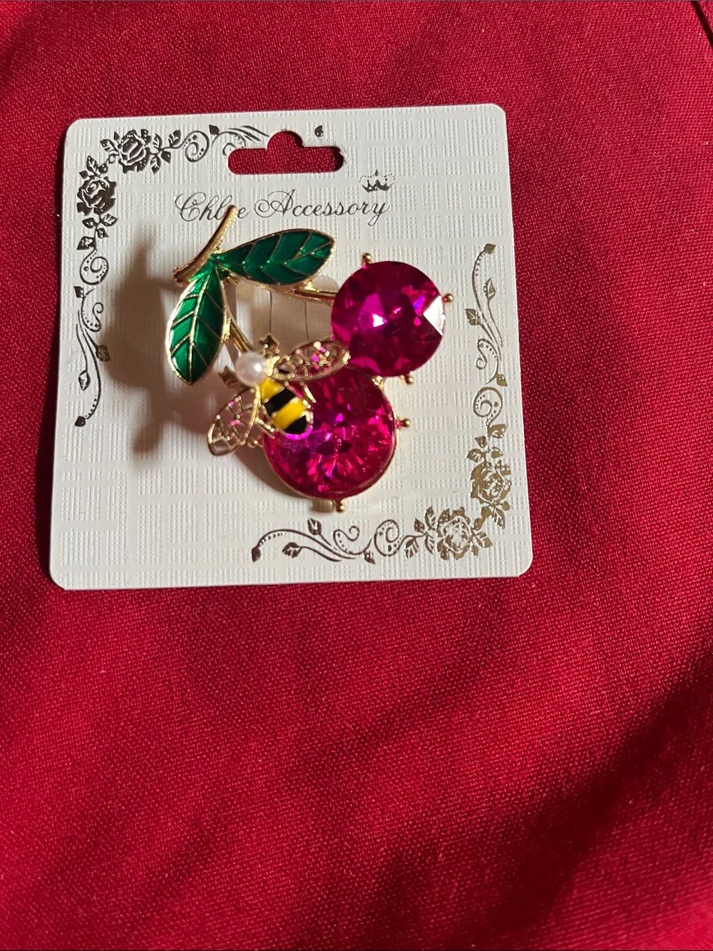 Pink Crystal Cherry Brooch with Enamel Leaves and Bee Accent